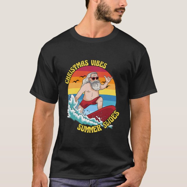 Christmas In July Surfing Santa Claus T-Shirt (Front)