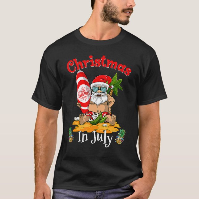 Christmas In July  Surfing Santa Summer Beach Vaca T-Shirt (Front)