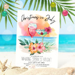 Christmas In July Tropical Beach Summer Party Invitation<br><div class="desc">Tropical theme Christmas in July invitation features a watercolor beach sunset,  cocktails,  hibiscus flowers and palm leaves with a "Christmas in July" caption in handwritten style lettering. Perfect for summer family get togethers,  reunions,  early or delayed holiday parties,  etc.</div>
