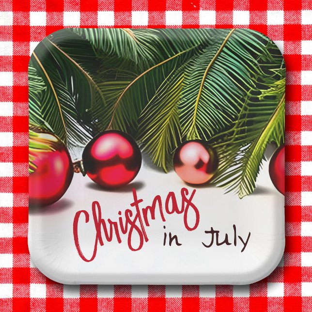 Christmas In July Tropical Palm Trees Summer Party Paper Plate (Christmas in July tropical outdoor party plates with palm trees and red ornaments)