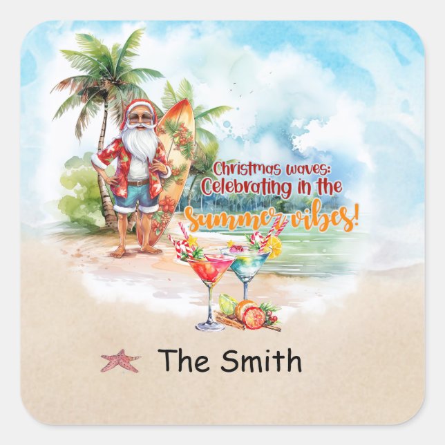 Christmas in July with Santa Claus at he beach Square Sticker (Front)
