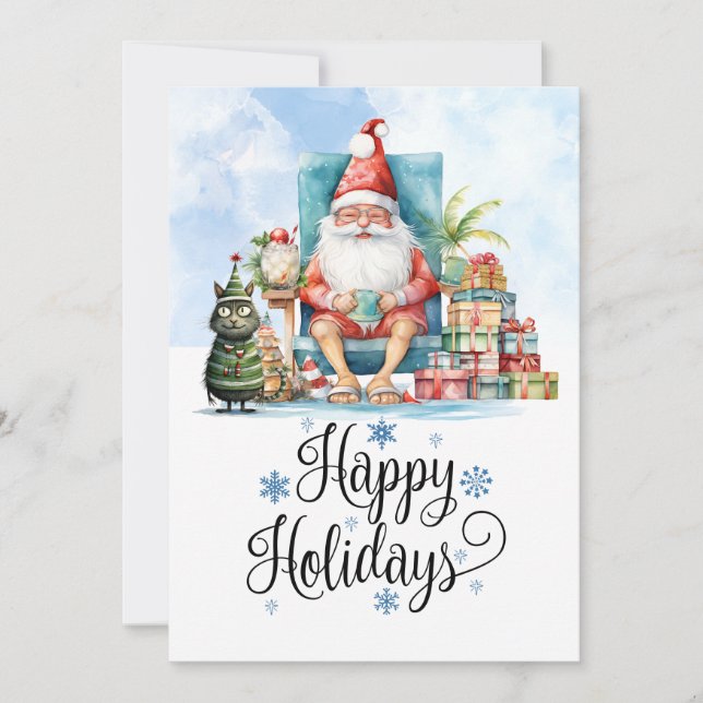 Christmas in July with SANTA CLAUS on the beach  Holiday Card (Front)