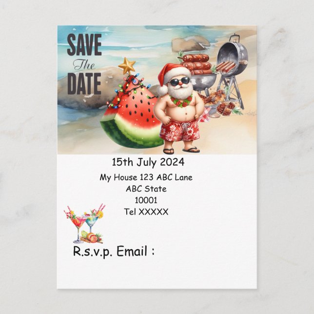 Christmas in July with SANTA CLAUS Save the date Postcard (Front)
