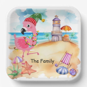 Christmas in July with SANTA flamingo Paper Plate