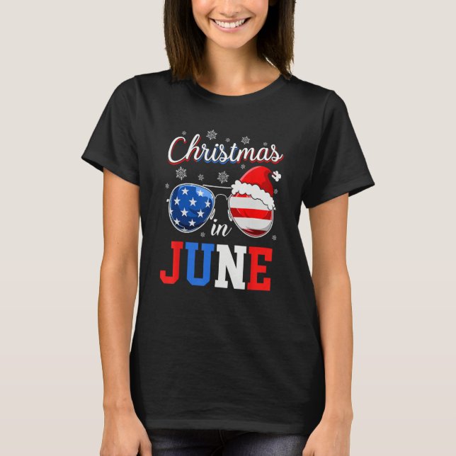Christmas In June Sunglasses Santa American Flag V T-Shirt (Front)