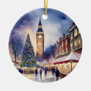 Christmas in London Big Ben Watercolor Ceramic Ornament