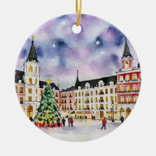 Christmas in Madrid Spain Watercolor Ceramic Ornament