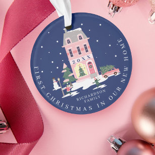 Christmas In New Home Cute Town & Pink Retro Van Ornament
