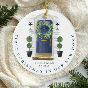 Christmas In New Home Watercolor Navy Door Wreath Ceramic Ornament