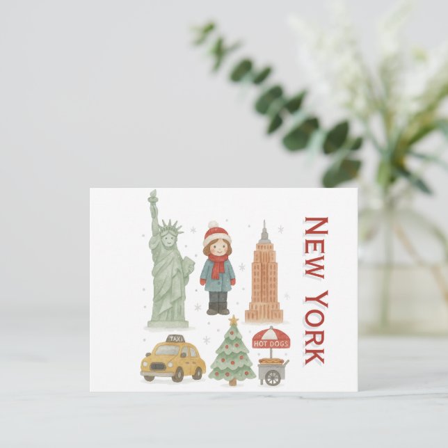Christmas in New York Watercolor – Cute  Holiday Postcard (Standing Front)