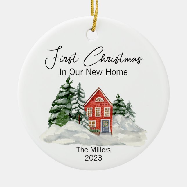 Christmas In Our New Home Pine Trees Personalised Ceramic Ornament (Front)