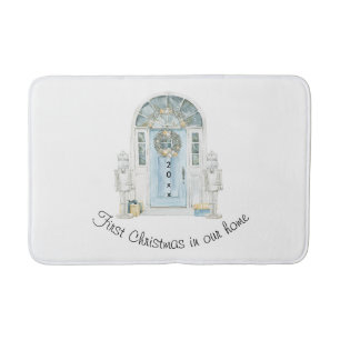 Christmas In Our New Home Watercolor Blue Door  Bath Mat