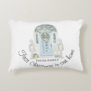 Christmas In Our New Home Watercolor Blue Door Decorative Cushion