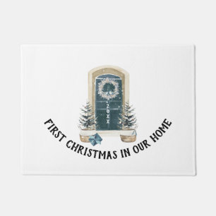 Christmas In Our New Home Watercolor Sage Green Doormat