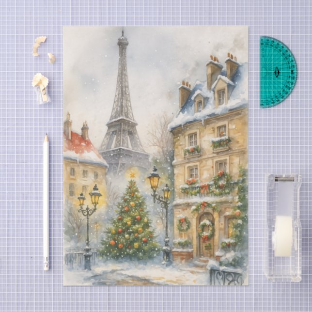 Christmas in Paris Watercolor Eiffel Tower Scene Tissue Paper (Craft)
