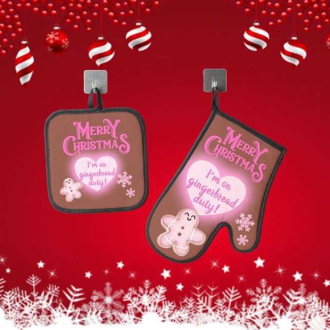 Christmas in Pink I'm on Gingerbread Duty brown | Oven Mitt & Pot Holder Set (Creator Uploaded)