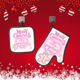 Christmas in Pink I'm on Gingerbread Duty white Oven Mitt & Pot Holder Set