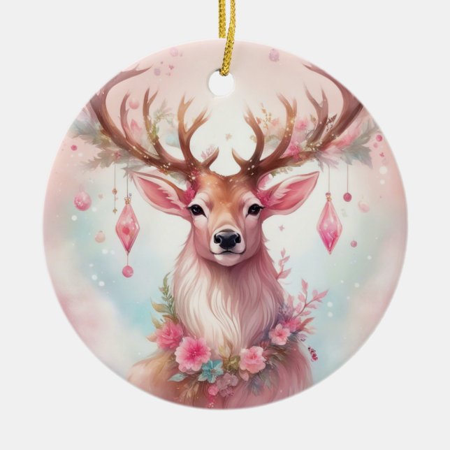 Christmas in pink: reindeer with pink Christmas Ceramic Ornament (Front)