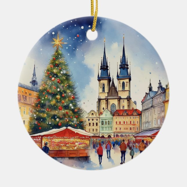 Christmas in Prague Czech Republic Watercolor Ceramic Ornament (Front)