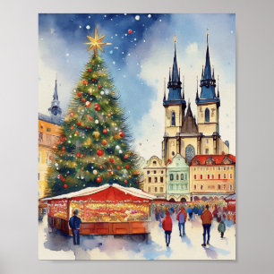 Christmas in Prague Czech Republic Watercolor Poster