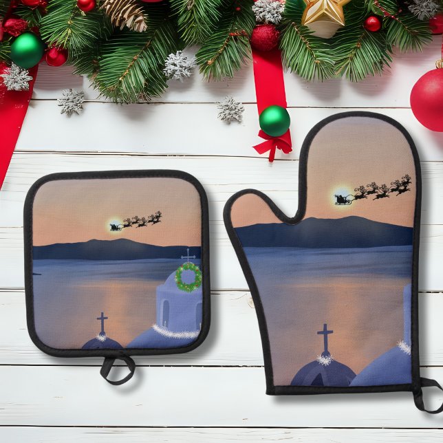 Christmas In Santorini, Greece With Santa Oven Mitt & Pot Holder Set (Creator Uploaded)