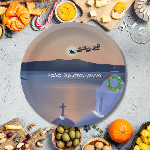 Christmas In Santorini, Greece With Santa Paper Plate