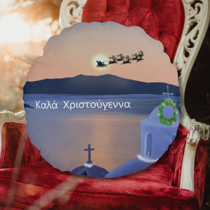 Christmas In Santorini, Greece With Santa Round Cushion