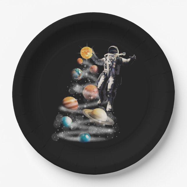 Christmas in Space Solar System Astronaut Invitati Paper Plate (Front)