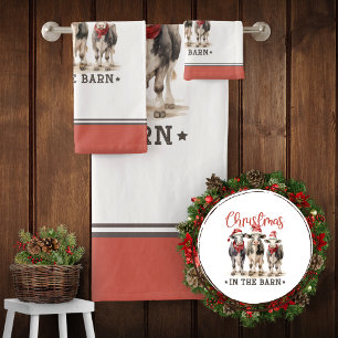 Christmas in the Barn Rustic Cows in Santa Hats Bath Towel Set