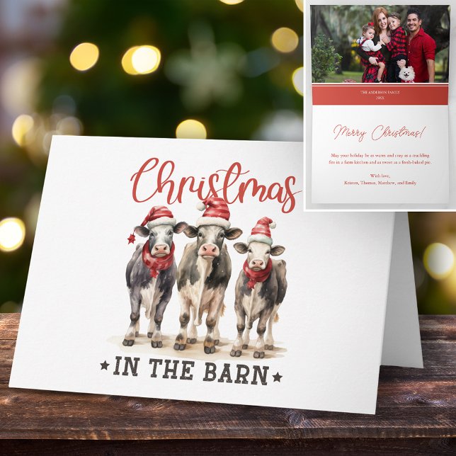 Christmas in the Barn Rustic Cows in Santa Hats Holiday Card (Creator Uploaded)