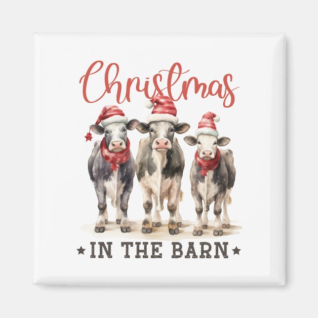 Christmas in the Barn Rustic Cows in Santa Hats Magnet (Front)