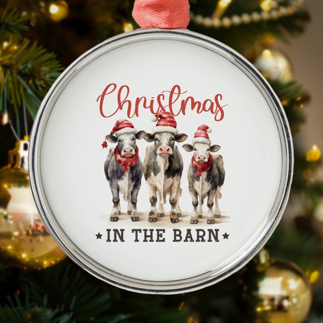 Christmas in the Barn Rustic Cows in Santa Hats Metal Ornament (Creator Uploaded)