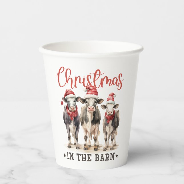Christmas in the Barn Rustic Cows in Santa Hats Paper Cups (Front)