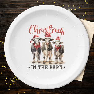 Christmas in the Barn Rustic Cows in Santa Hats Paper Plate