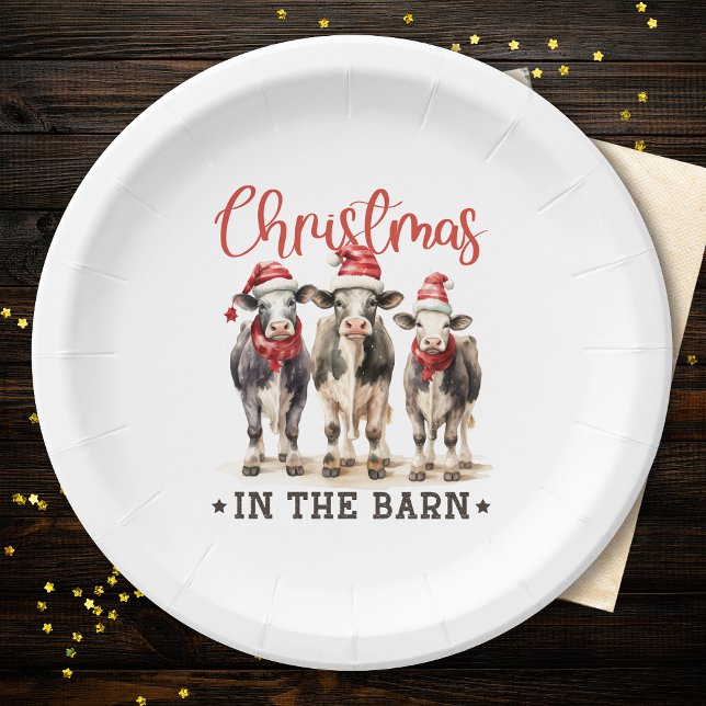 Christmas in the Barn Rustic Cows in Santa Hats Paper Plate (Creator Uploaded)