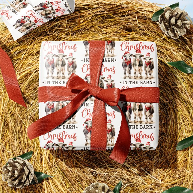 Christmas in the Barn Rustic Cows in Santa Hats Wrapping Paper (Creator Uploaded)