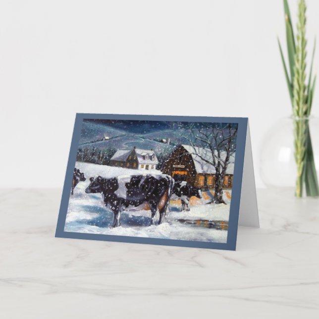 Christmas in the Country, Holstein Cows Painting Holiday Card (Front)