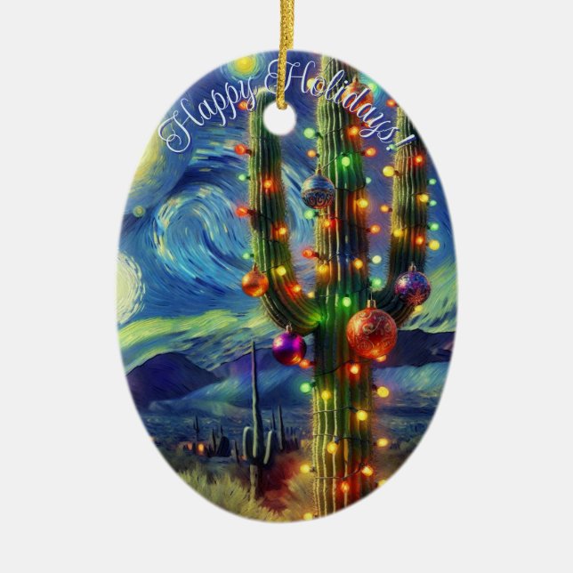 Christmas in the Desert Saguaro Cactus Blue Green Ceramic Ornament (Front)