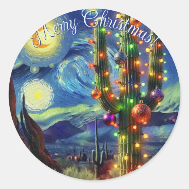 Christmas in the Desert Saguaro Cactus Blue Green Classic Round Sticker (Front)