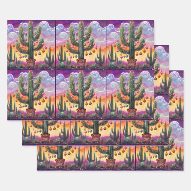 Christmas in the Desert Saguaro Cactus Decoupage Wrapping Paper Sheet (Set)