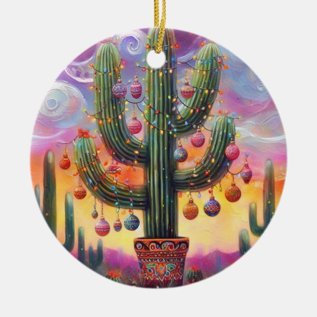 Christmas in the Desert Southwest Saguaro Cactus Ceramic Ornament (Front)