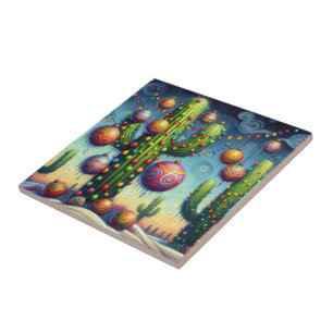 Christmas in the Desert Southwest Saguaro Cactus Ceramic Tile