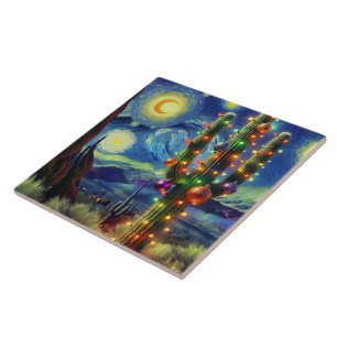 Christmas in the Desert Southwest Saguaro Cactus Ceramic Tile