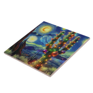 Christmas in the Desert Southwest Saguaro Cactus Ceramic Tile