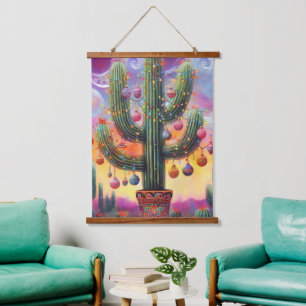 Christmas in the Desert Southwest Saguaro Cactus Hanging Tapestry