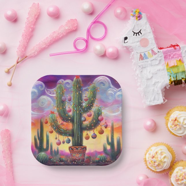 Christmas in the Desert Southwest Saguaro Cactus Paper Plate (Party)