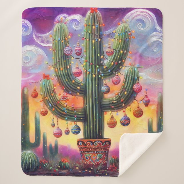 Christmas in the Desert Southwest Saguaro Cactus Sherpa Blanket (Front)