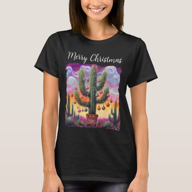 Christmas in the Desert Southwest Saguaro Cactus T-Shirt (Front)