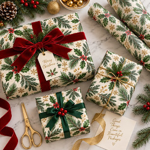 Christmas in the Evergreens Elegant Holly & Gold Wrapping Paper