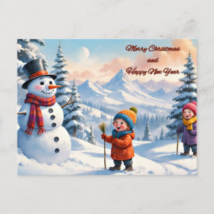 Christmas in the Mountains, Snowman, Children Holiday Postcard